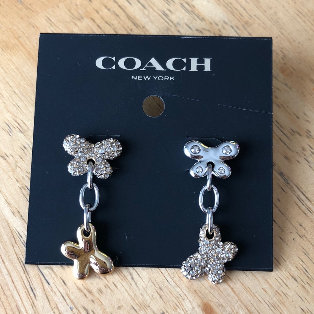 Coach Two-Tone Double Butterfly Drop Earrings Pave Crystal Accents NWT - Picture 1 of 12